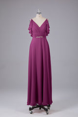 Elegante chiffon-riemen V-back lange bruidsmeisje jurken