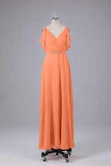 Elegante chiffon-riemen V-back lange bruidsmeisje jurken