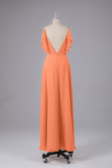 Elegante chiffon-riemen V-back lange bruidsmeisje jurken