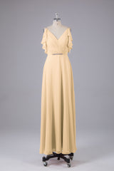 Elegante chiffon-riemen V-back lange bruidsmeisje jurken