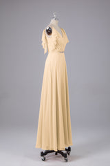 Elegante chiffon-riemen V-back lange bruidsmeisje jurken