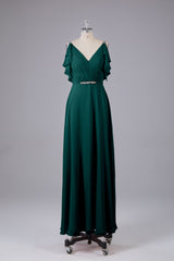 Elegante chiffon-riemen V-back lange bruidsmeisje jurken