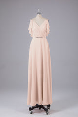 Elegante chiffon-riemen V-back lange bruidsmeisje jurken