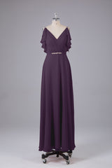 Elegante chiffon-riemen V-back lange bruidsmeisje jurken