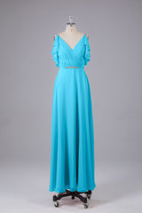 Elegante chiffon-riemen V-back lange bruidsmeisje jurken