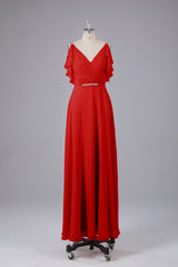 Elegante chiffon-riemen V-back lange bruidsmeisje jurken