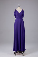 Elegante chiffon-riemen V-back lange bruidsmeisje jurken