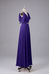 Elegante chiffon-riemen V-back lange bruidsmeisje jurken