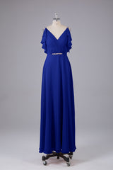 Elegante chiffon-riemen V-back lange bruidsmeisje jurken