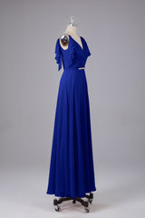 Elegante chiffon-riemen V-back lange bruidsmeisje jurken