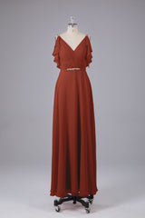 Elegante chiffon-riemen V-back lange bruidsmeisje jurken