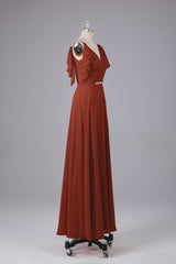 Elegante chiffon-riemen V-back lange bruidsmeisje jurken