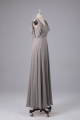 Elegante chiffon-riemen V-back lange bruidsmeisje jurken