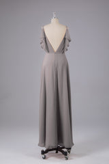 Elegante chiffon-riemen V-back lange bruidsmeisje jurken
