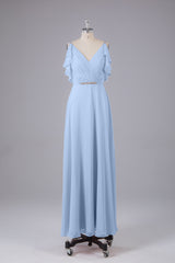 Elegante chiffon-riemen V-back lange bruidsmeisje jurken