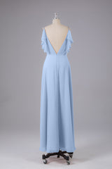 Elegante chiffon-riemen V-back lange bruidsmeisje jurken