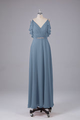 Elegante chiffon-riemen V-back lange bruidsmeisje jurken
