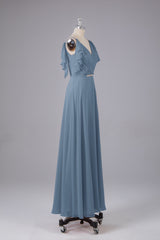 Elegante chiffon-riemen V-back lange bruidsmeisje jurken