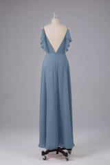 Elegante chiffon-riemen V-back lange bruidsmeisje jurken