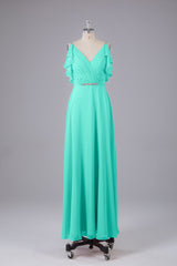 Elegante chiffon-riemen V-back lange bruidsmeisje jurken