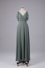 Elegante chiffon-riemen V-back lange bruidsmeisje jurken