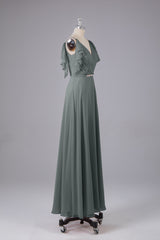 Elegante chiffon-riemen V-back lange bruidsmeisje jurken