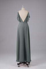 Elegante chiffon-riemen V-back lange bruidsmeisje jurken