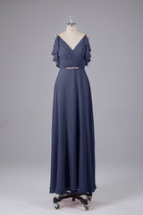 Elegante chiffon-riemen V-back lange bruidsmeisje jurken
