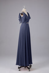 Elegante chiffon-riemen V-back lange bruidsmeisje jurken