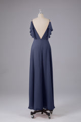 Elegante chiffon-riemen V-back lange bruidsmeisje jurken