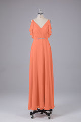 Elegante chiffon-riemen V-back lange bruidsmeisje jurken