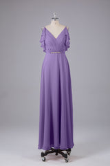 Elegante chiffon-riemen V-back lange bruidsmeisje jurken