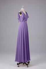 Elegante chiffon-riemen V-back lange bruidsmeisje jurken