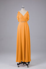 Elegante chiffon-riemen V-back lange bruidsmeisje jurken