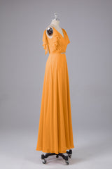 Elegante chiffon-riemen V-back lange bruidsmeisje jurken