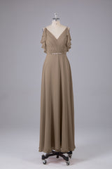 Elegante chiffon-riemen V-back lange bruidsmeisje jurken