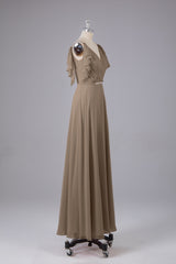 Elegante chiffon-riemen V-back lange bruidsmeisje jurken