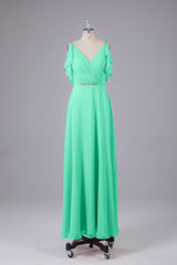 Elegante chiffon-riemen V-back lange bruidsmeisje jurken