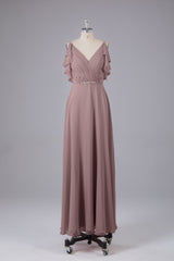 Elegante chiffon-riemen V-back lange bruidsmeisje jurken