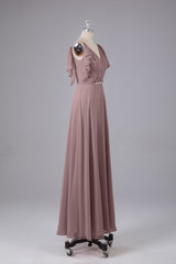 Elegante chiffon-riemen V-back lange bruidsmeisje jurken