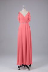 Elegante chiffon-riemen V-back lange bruidsmeisje jurken