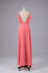 Elegante chiffon-riemen V-back lange bruidsmeisje jurken
