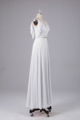 Elegante chiffon-riemen V-back lange bruidsmeisje jurken