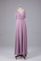 Elegante chiffon-riemen V-back lange bruidsmeisje jurken