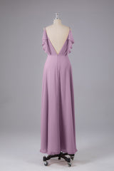 Elegante chiffon-riemen V-back lange bruidsmeisje jurken