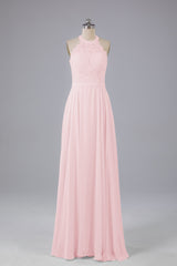 Elegant Halter Illusion Lace Floor Length Bridesmaid Dresses