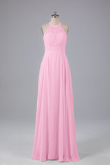 Elegant Halter Illusion Lace Floor Length Bridesmaid Dresses