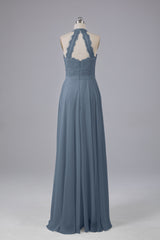 Elegant Halter Illusion Lace Floor Length Bridesmaid Dresses