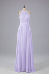 Elegant Halter Illusion Lace Floor Length Bridesmaid Dresses
