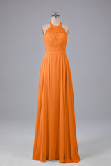 Elegant Halter Illusion Lace Floor Length Bridesmaid Dresses